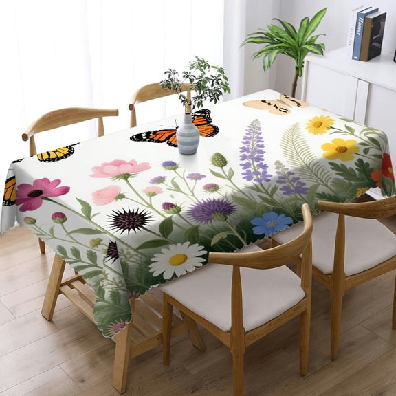 Tablecloths for dining table - Sage Green Leaves and Flowers with Butterflies Print, Holiday Party Tablecloth Kitchen Accessories Rectangular Tablecloth, Cafe, dinner, picnic