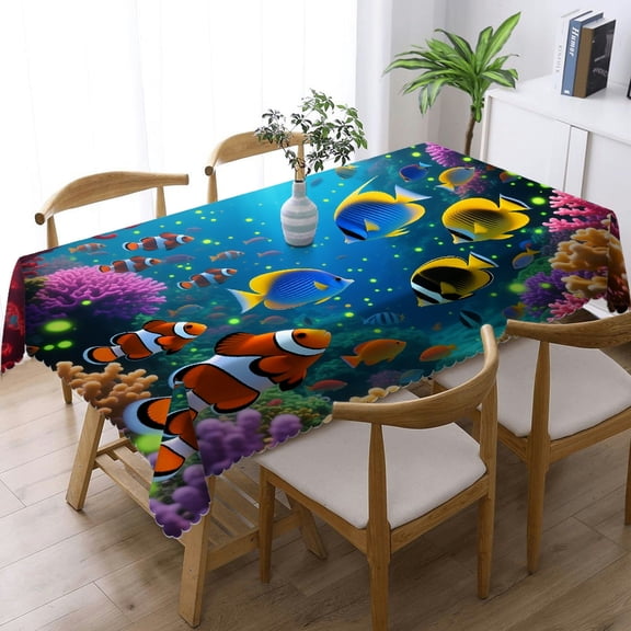 Tablecloths for dining table - Tropical Colorful Sea Fish Print, Festive Table Setting Holiday-Themed Design Rectangular Tablecloth, Cafe, dinner, picnic