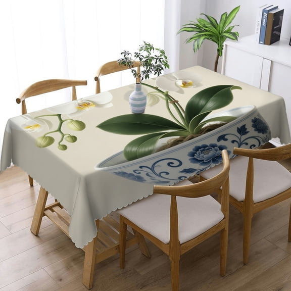 Tablecloths for dining table - White Orchid & Magnolia Watercolor Chinoiserie Print, Polyester Tablecloths Holiday Party Tablecloth Tablecloths rectangle , Cafe, dinner,  picnic