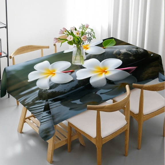 Tablecloths for dining table - White Plumeria Black Stone in Hot Spring Pool Print, Machine-Made Polyester Tablecloths Rectangular Tablecloth, Cafe, dinner, brunch, buffet, picnic,party