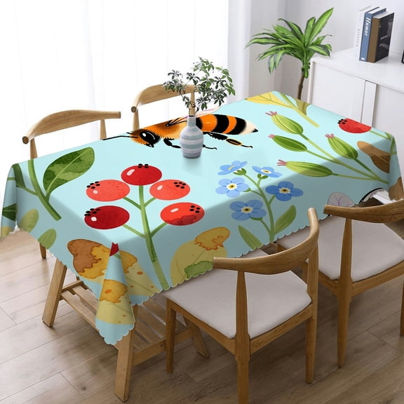 Tablecloths for dining table - flowers and bees Print, Holiday-Themed Design Polyester Tablecloths Tablecloths rectangle , Cafe, dinner, brunch, buffet, picnic