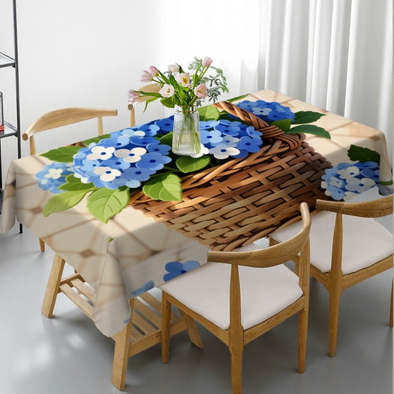 Tablecloths for dining table - Blue Hydrangea Flower Print, Holiday Party Tablecloth Machine-Made Rectangular Tablecloth, Cafe, dinner, picnic,