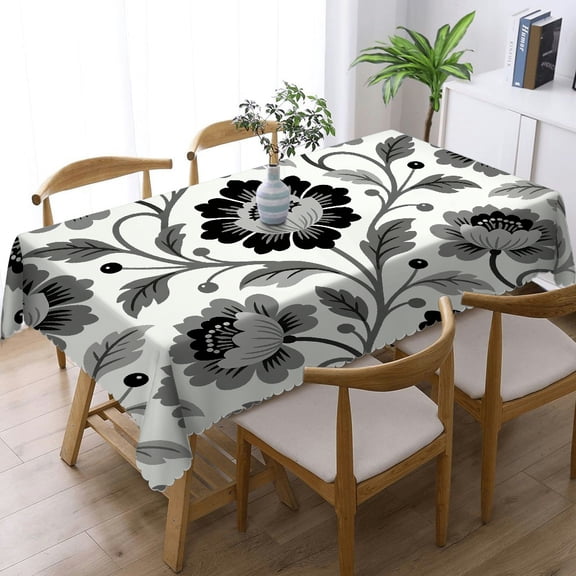 Tablecloths rectangle - Black Grey White Dahlia Print with Lace Trim, Festive Table Setting Rectangular Tablecloth, Cafe, dinner, picnic