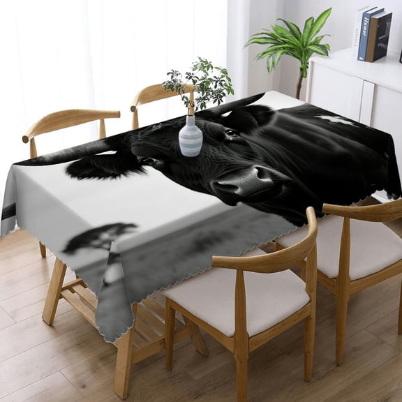 Tablecloths rectangle  - Black and White Highland Cattle with Long Horns Print, with lace trim Festive Table Setting Tablecloths for dining table, Cafe, dinner, brunch, buffet, picnic