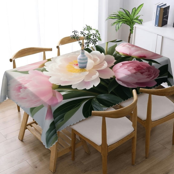 Tablecloths rectangle  - Floral Peonies Print, Machine-Made  Holiday-Themed Design Rectangular Tablecloth, Cafe, dinner, picnic