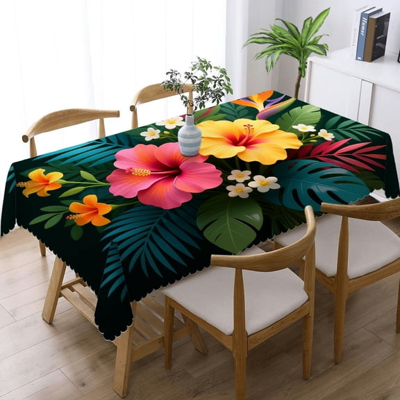 Tablecloths rectangle - Hibiscus Plumeria Flower Print, Printing with lace trim Festive Table Setting Rectangular Tablecloth, Cafe, dinner, picnic