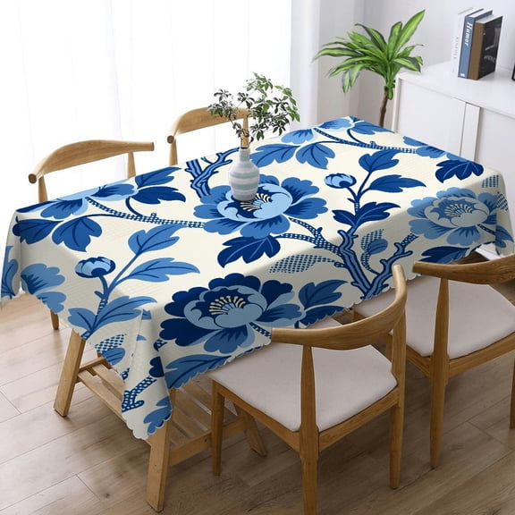 Tablecloths rectangle  - Navy Blue Floral Print, Festive Table Setting Polyester Tablecloths Rectangular Tablecloth, Cafe, dinner,  picnic