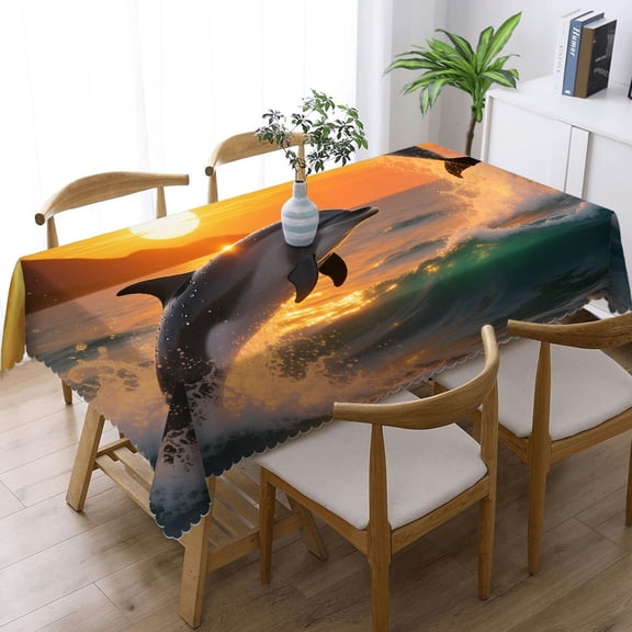 Tablecloths rectangle  - Ocean Fish Sunset Over Sea，Jumping Dolphins Print, Kitchen Accessories Holiday Party Tablecloth Tablecloths for dining table, Cafe, dinner, brunch, buffet, picnic