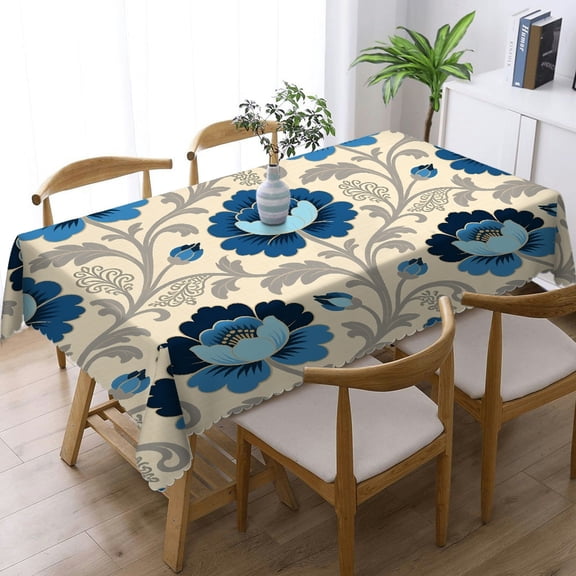 Tablecloths rectangle - Turquoise Teal Foral Print, Printing with lace trim Festive Table Setting Rectangular Tablecloth, Cafe, dinner, picnic