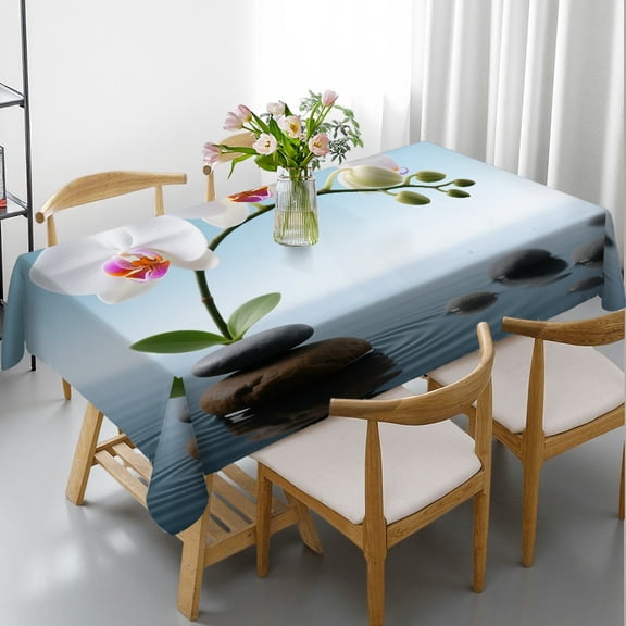 Tablecloths rectangle tables - Spa Stone and Elegant Blue Orchid Flower on the Water Picture Print, Machine-Made Kitchen Accessories Rectangular Tablecloth, Cafe, dinner,picnic, wedding, party