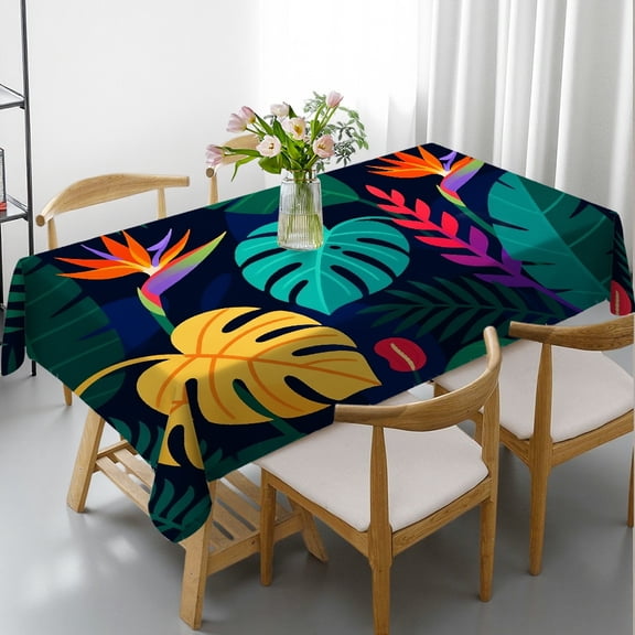 Tablecloths rectangle tables large size - Green Palm Leaf Jungle Yellow Flowers Exotic Tropic Print,  Holiday-Themed Design Machine-Made Rectangular Tablecloth, Cafe, dinner,picnic, wedding, party