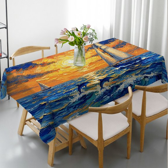 Tablecloths rectangle tables large size - Impasto Ocean Dolphins Print, Holiday Party Tablecloth Festive Table Setting Tablecloths for dining table, Cafe, dinner, brunch, buffet, picnic