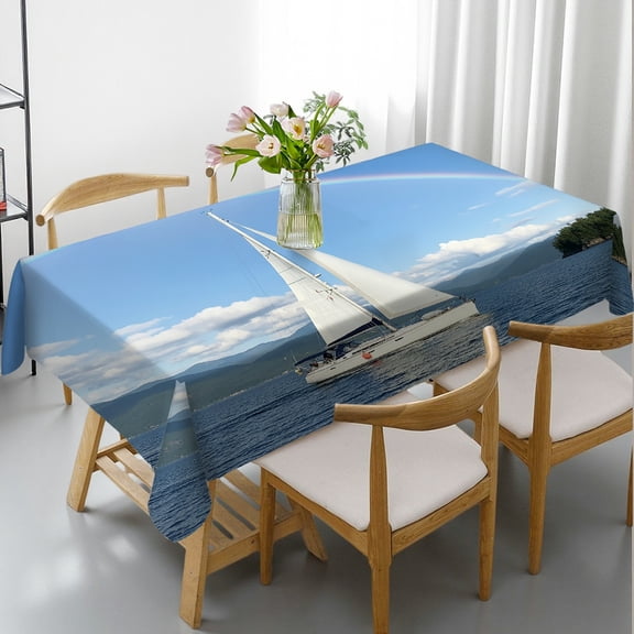 Tablecloths rectangle tables large size - Rainbow Over the Sound Print, Kitchen Accessories Festive Table Setting Rectangular Tablecloth, Cafe, dinner, brunch, buffet, picnic