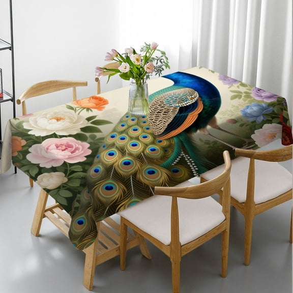 Tablecloths rectangle tables large size - Watercolor Peacock Vintage Background  Print, Festive Table Setting Kitchen Accessories Rectangular Tablecloth, Cafe, dinner, picnic