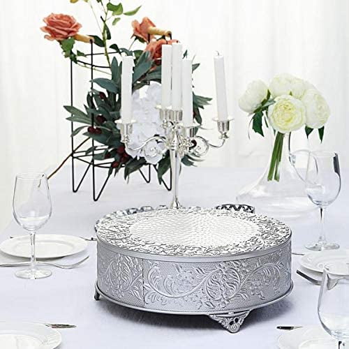 Tableclothsfactory Silver Round Embossed Metal Cake Plateau Stand Riser Wedding Dessert Display Plate