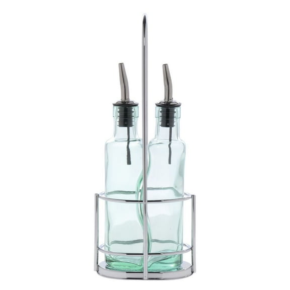 Tablecraft 8.5 oz Wave Design Green Tint Glass Oil and Vinegar Set with Silver Wire Caddy