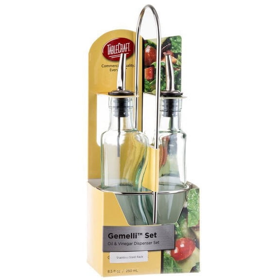Tablecraft 918RSN Gemelli 8.5 oz. 3 Piece Clear Glass Oil and Vinegar Cruet Set with Stainless Steel Rack