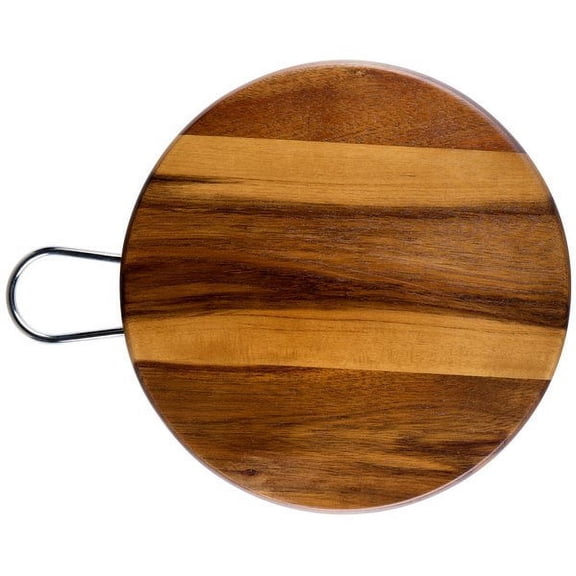 Tablecraft ACAMR10 Acacia Wood Round Display Board with Brushed Nickel Handle - 10" x 5/8"