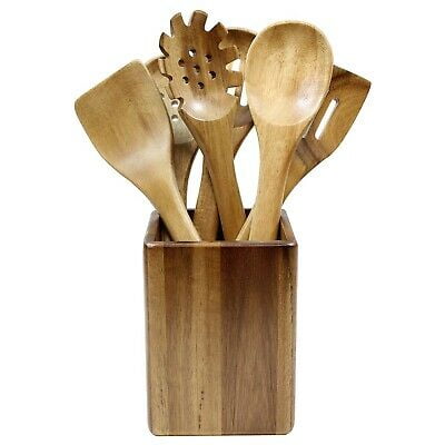 Acacia Wood Utensil Set with Holder, 6-Piece