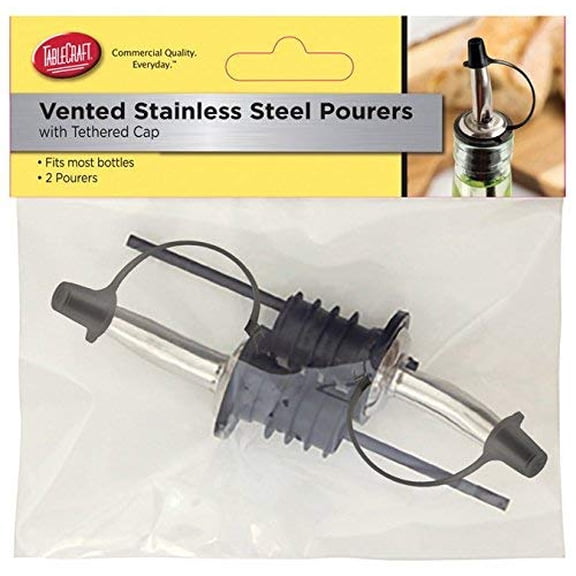 Tablecraft H599PTC2 Stainless Steel Pourers with black Tethered Cap, (2 Pack), Silver