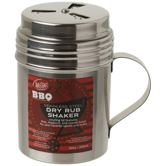 Tablecraft Stainless Steel Dry Rub Shaker with Handle, 10 oz, Silver
