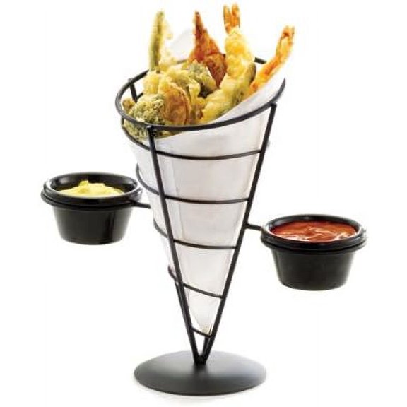 Tablecraft Vertigo Collection Appetizer Cone with Two Ramekins, Black, 9-Inch by 5-Inch