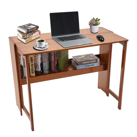 Tables, Folding Table, 103 Inch Long Tea Color Bamboo Folding Table, Foldable Desk with Shelf, Supports 110 lbs, for Living Room, Office, Study, Space Saving Design
