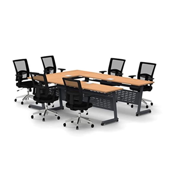 Tables Training Meeting Seminar Classroom Model 2550 9pc Beech Folding Industrial Caster Z-Base. Tables Connect. Modesty Panel, Shelf, Power + USB Outlet. (Seating Included).