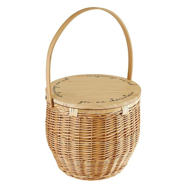 Large Wicker Picnic Basket with Wood Lid and Handle