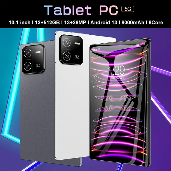 Tablet 10.1-inch 1920x1200 IPS Clear Touchscreen 13 Tablet 12GB RAM 512GB ROM Expandable Memory, 8000mAh Battery Long Standby Time, BT Connection, 13MP+26MP Dual Camera, 5G