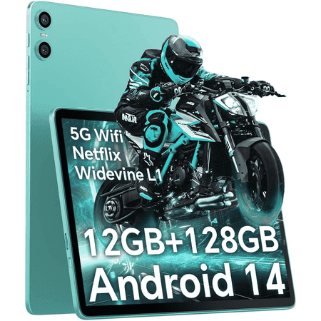 ODEA Tablets 12(4+8)GB RAM 128GB ROM(1TB Expand), A10 Android 14 Tablet 10.1 Inch, Octa-Core T606, Widevine L1, 6000mAh, 1280 * 800 IPS, WiFi 5, BT 5, Dual Camera, Kids Tablet