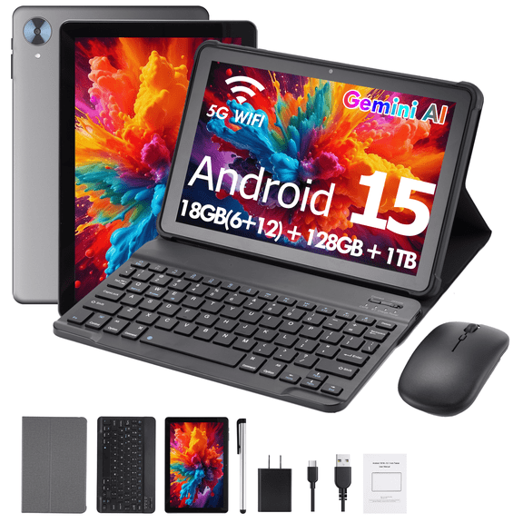 10.1 Inch Android 15 Tablet, Gms Certified, 18GB Ram (6+12GB) 128GB Rom, 1TB Expandable Storage, HD Display, Wifi 5G, Bluetooth 5.0, 6000mAh Battery