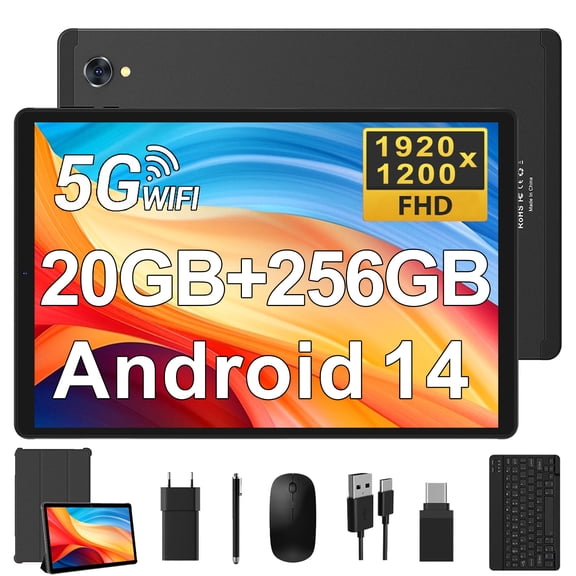 Tablet 10.36 inch, 20(8 12)GB RAM 256GB Storage, Octa-Core, Android 14.0, 8000mAh, 1920*1200, Type C, 5GHz WiFi/Bluetooth5.0, Keyboard/Mouse/Tablet Cover Include, Black