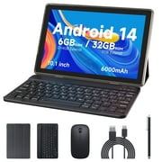 Android 14 Tablet, 10 Inch 2 in 1 Tablets with Keyboard, Mouse, Case, Stylus, 32GB ROM+6GB RAM/1TB Expendable, 8MP Cameras, 1.8Ghz Quad-core Processor, 6000mAh Battery, 1280*800 FHD 10 Tablet