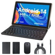 Tablet 10.1 Inch Android 12 OS Tableta, 2 in 1 Tablets with Keyboard, Mouse, Case, Stylus, Tempered Film, 32GB ROM+2GB RAM, 8MP Dual Camera, Quad Core Processor, 6000mAh Battery, 1280 * 800 FHD Tab