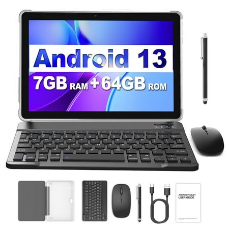 Tablet 10 Inch Android 13 Tablet,WiFi 6 Tablets PC,64GB ROM+7GB RAM( Expand to 1TB),Quad-Core,5G Wi-Fi,Widevine L1,Bluetooth,Dual Camera,6000mAh,2 in 1 Tablet with Keyboard