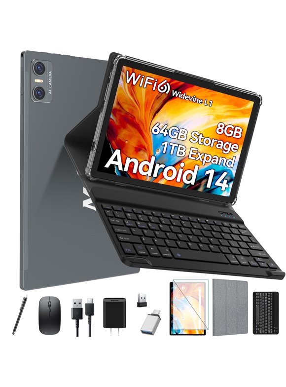 Tablet 10 Inch Android 14 Tablet,WiFi 6 Tablets PC,64GB ROM+8GB RAM( Expand to 1TB),Octa-Core,5G Wi-Fi,Widevine L1,Bluetooth,Dual Camera,7000mAh,Split Screen,Face Unlocked,2 in 1 Tablet with Keyboard