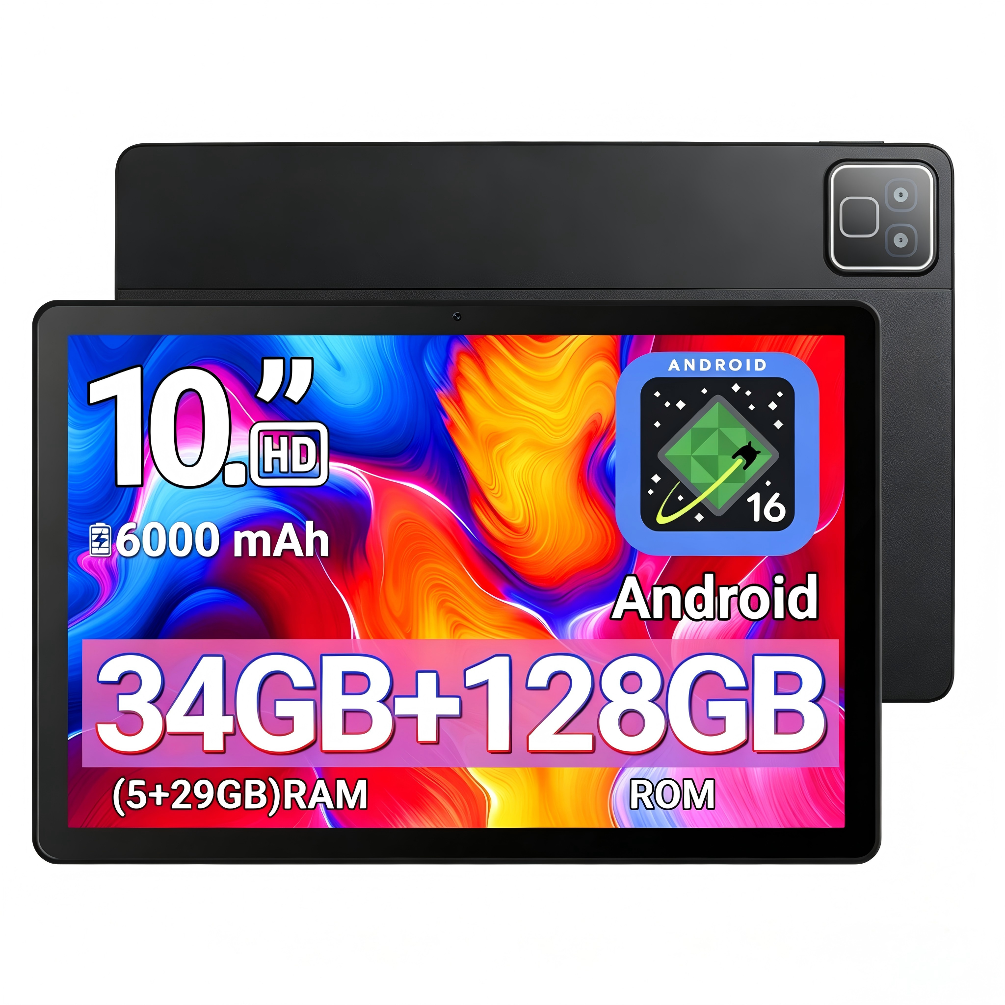Tablet 10 Inch, Android 16 Tablets with Octa-Core Processor, 34GB RAM 128GB Storage,1280x800 IPS HD Display, 5MP+8MP Dual Camera, 5000mAh Battery, Black