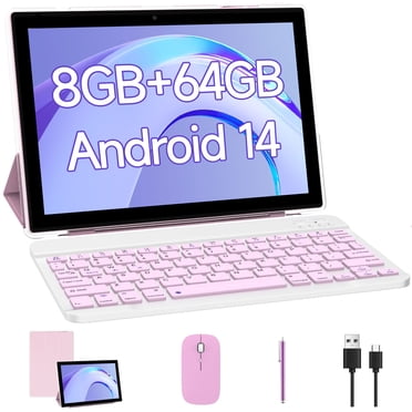 Android 14 Tablet 10 inch, 2 in 1 Tablets with Keyboard Case Mouse Stylus, Quad-Core Processor Tablet PC, Bluetooth, WiFi, 1280*800 IPS Screen, 6000mAh Battery, 2MP+8MP Dual Cameras, Pink