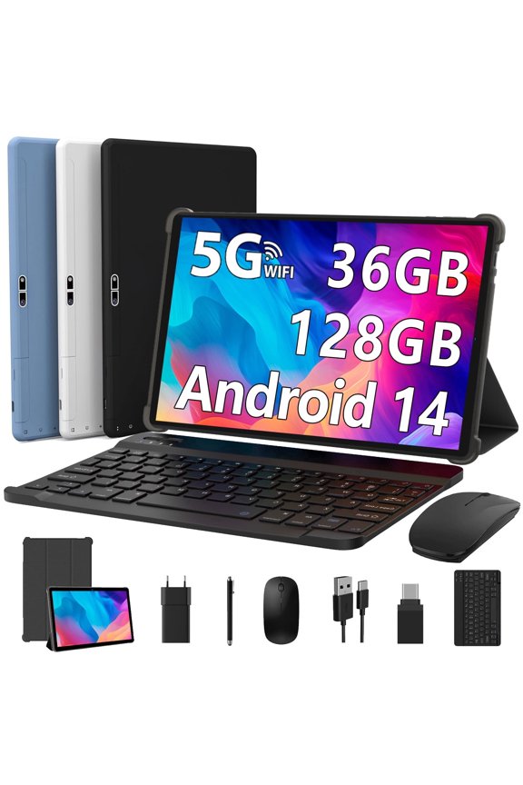 Tablet 10 inch, 36(12+24)GB RAM 128GB Storage, Octa-Core 2GHz, Android 14.0, 8000mAh, 1280*800, Type C, 5GHz WiFi/Bluetooth5.0, Keyboard/Mouse/Tablet Cover Include, Blue