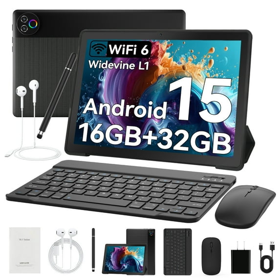 Android 15 10inch Tablet Set,5-Core 16GB RAM+32GB ROM +1TB Expand,HD Touchscreen, Widevine L1, WiFi 5 Bluetooth 2.4,5MP+8MP Dual Camera, 5000mAh, Black