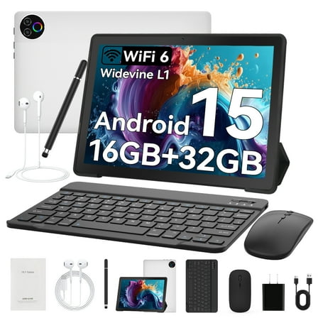 Android 15 10inch Tablet Set,5-Core 16GB RAM 32GB ROM  1TB Expand,HD Touchscreen, Widevine L1, WiFi 5 Bluetooth 2.4,5MP 8MP Dual Camera, 5000mAh, White
