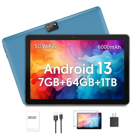 Tablet 10 inch Android 13 Tablets Newest, 7GB RAM 64GB ROM 1TB Expanded, 6000mAh Battery, 5G Wifi 6, 2MP+8MP Dual Camera, Bluetooth, 1280 * 800 FHD IPS Tablet (Blue)