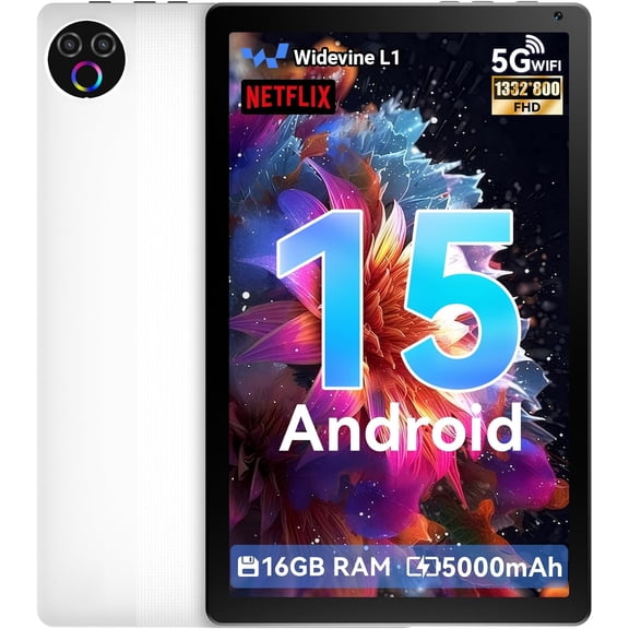Android 15 5-Core 10inch Tablet,16GB Ram+32GB ROM +1TB Expand,IPS Display, Widevine L1, 5G Wifi, 5MP+8MP Camera, 5000mAh, Bluetooth 2.4,White
