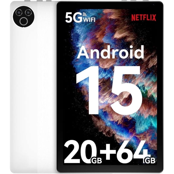 AEEZO 10.1 Inch Tablet, 20GB RAM 64GB ROM, 5-Core CPU WiFi 6, Android 15 GO, White