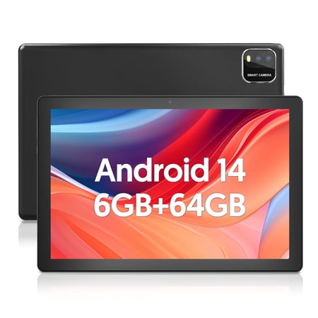 Tablet 10 inch Android 14 Tablets Newest, 6GB RAM 64GB ROM 1TB Expanded, 6000mAh Battery, 5G Wifi 6, 2MP+8MP Dual Camera, Bluetooth, 1280 * 800 FHD IPS Tablet (Black)