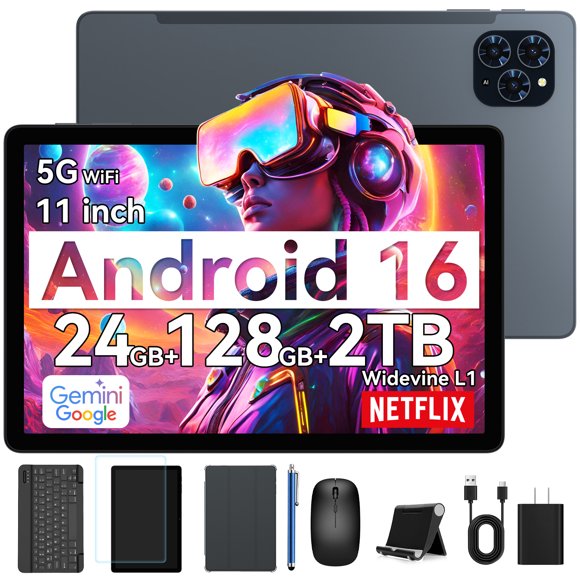 KINGRID Android Tablet, 11 inch Android 16 Tablet, 8000mAh, 24GB RAM 128GB ROM 2TB Expand FHD Touchscreen, 13MP+5MP Dual Camera, Octa-core Processor, Gemini AI, GPS, Widevine L1