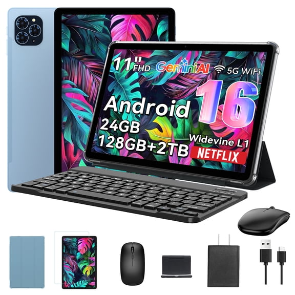 Tablet 2026 Android 16 AI Tablet with Gemini AI, 11 Inch FHD Display, 24GB RAM 128GB ROM /2TB TF, T7250 CPU+13MP Camera, 8000mAh, Widevine L1, 2 in 1 Tablets with Keyboard Mouse Stylus, Blue