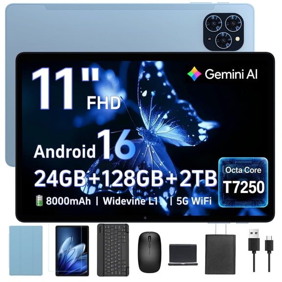 Tablet 2026 Android 16 AI Tablet with Gemini AI, 11 Inch FHD Display, 24GB RAM 128GB ROM /2TB TF, T7250 CPU+13MP Camera, 8000mAh, Widevine L1, 2 in 1 Tablets with Keyboard Mouse Stylus, Blue