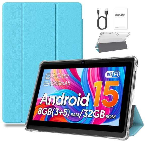 PUTECCH Tablet 7 inch Android 15 Tablets with Case,1024 x 600 HD,3GB RAM 32GB ROM 1TB Expand,Penta-Core,3500mAh Battery,GMS Certified(Blue)